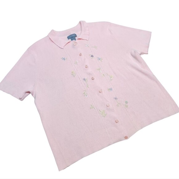 Vintage 90s ? Sweater Cardigan Embroidered Flowers Floral Soft Baby Pink Short S - Picture 2 of 12